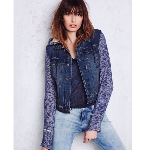 Free People Mixed Media Space Dye Knit Hooded Denim Jean Jacket Blue Size XS - Picture 1 of 8